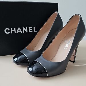 CHANEL Grey & Black Leather And Patent Heels